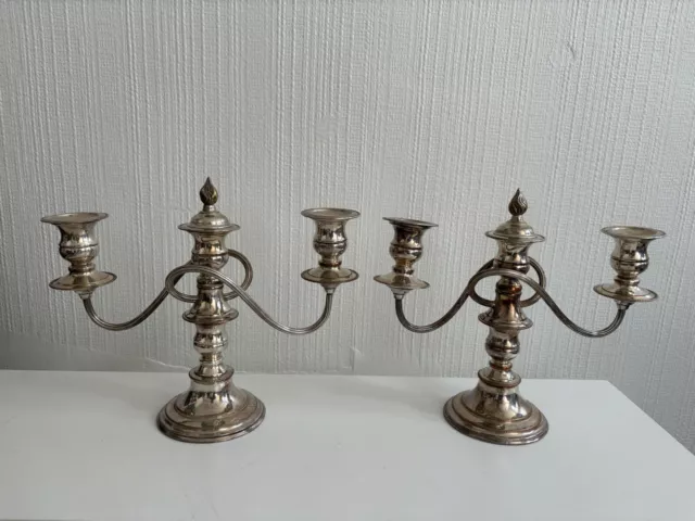 Antique Three Branch Silver Plated On Copper Pair Of Candelabra