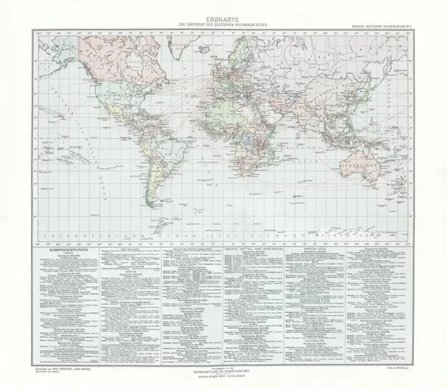 Erdkarte Weltkarte Deutscher Kolonialbesitz Dampfschifflinien Kolonialatlas 08