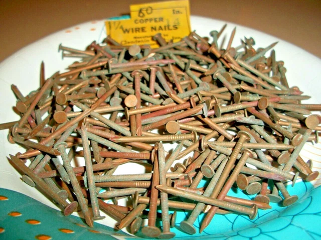 60--VINTAGE, 1 1/4” LONG SOLID COPPER NAILS, 3/32" SHANK--13/64" WIDE head N.O.S