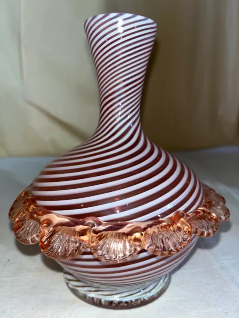 Stevens & Williams Cranberry Opalescent Art Glass Vase-Rigaree-Victorian-