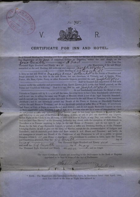 1897 DUMFRIES INN & HOTEL CERTIFICATE to Joseph Wyper, MASONIC ARMS, Bank St