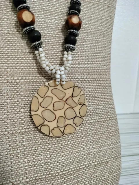 Cream brown Mix Beads Multi Strands Ethnic Aztec Boho leopard Pendant Necklace