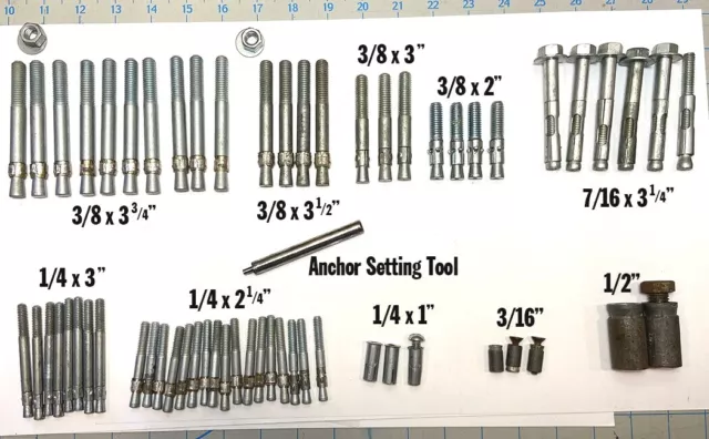 Lot of 60 Concrete Stud Anchor Bolts _ Misc. Sizes and 1 Setting tool