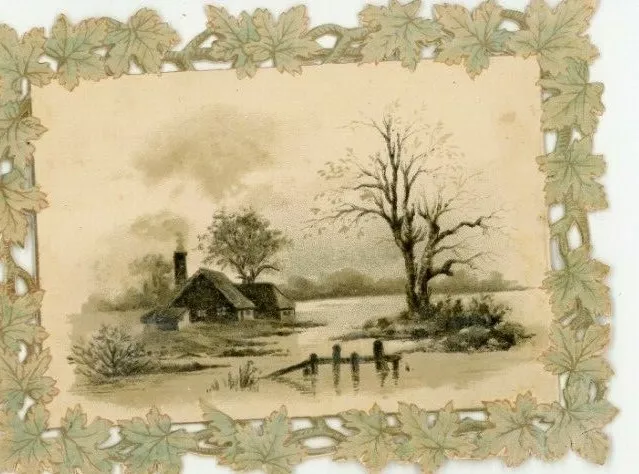 1880s Victorian Die-Cut Lake Scene Cottage Winter Leaf Border Fab! P206