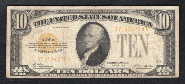 Fr. 2400 1928 $10 Ten Dollars Gold Certificate U.s. Currency Note Very Fine (B)