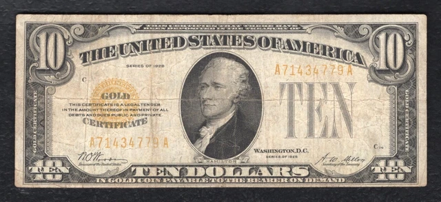 Fr. 2400 1928 $10 Ten Dollars Gold Certificate U.s. Currency Note Very Fine (B)