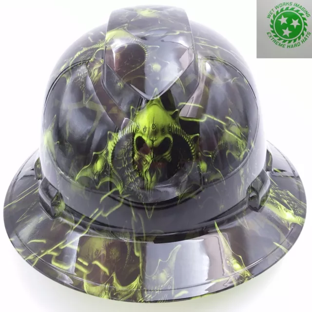 Hard Hat FULL BRIM custom hydro dipped ,  HELL RAISER SKULLS  GREEN