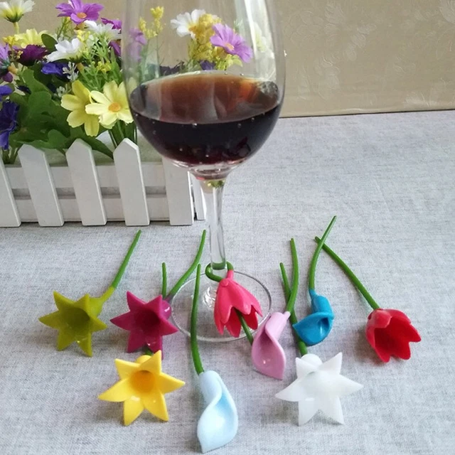 6 piezas Marcador de copa de vino de flores Silicona Vaso de vino Etiqueta Vaso Reconocimiento Vaso LDZ8