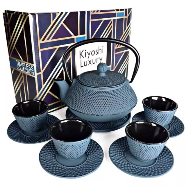 Large 11PC Japanese Tea Set "KONJOU Blue" Cast Iron Tea Pot 26Oz with 4 Tea C...