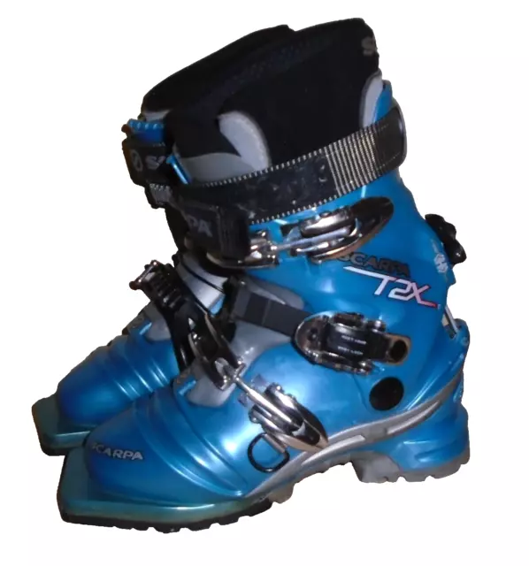 Scarpa T2X Women's  3 Pin / 75mm Telemark Ski Boots Blue/Silver DX 3-4-5 2