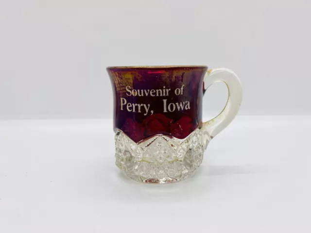 EAPG Ruby Red Souvenir Pitcher, Mug, Cup “Souvenir Perry, Iowa”