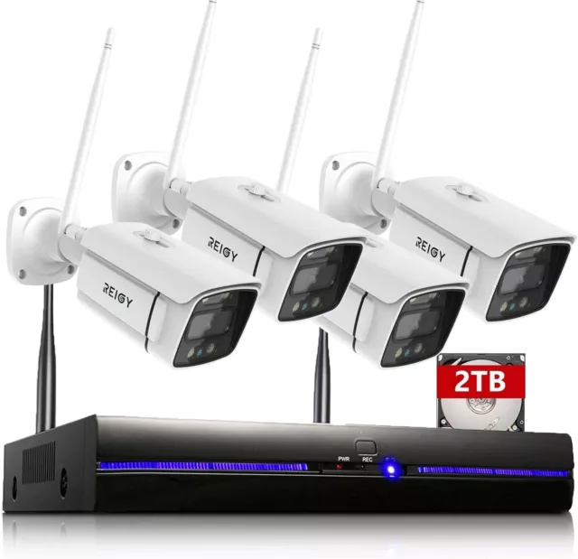 REIGY 5MP Kit Camara de Vigilancia WiFi Exterior con 2TB HDD 4X 1920P y 8CH NVR