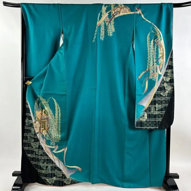 Japanese Kimono Furisode Pure Silk An Ox Drawn Coach Butterfly Turquoise Blue