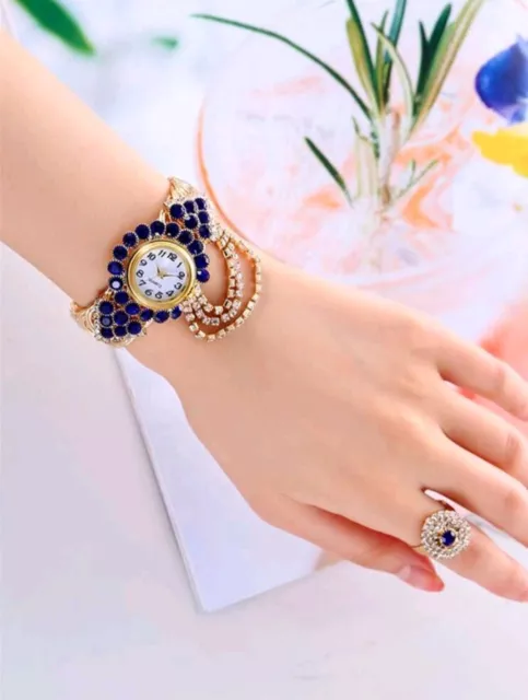 Armbanduhr mit Ring Schmuckset Uhren Damen Frauen Mädchen Blau Strass Geschenk