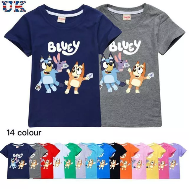 Kids Boys Girls Bingo Bluey Print Summer Beach Short Sleeve T-shirt Tops Tees UK