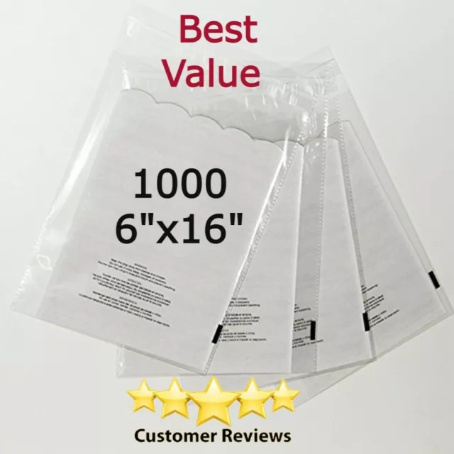 1000 Pack 6x16 Self Seal 1.5 mil Suffocation Warning Clear Poly Bags Free Shippi