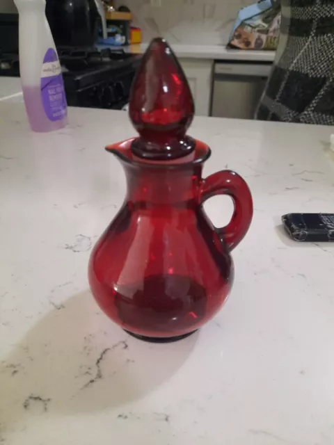 Vintage Avon Ruby Red Glass Cruet Bath Foam 4 oz Bottle with Strawberry Stopper