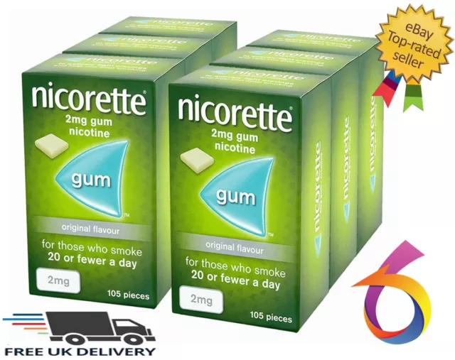 Nicorette Chewing Gum 2mg Original - 105 Pieces -PACK OF 6 Expiry 09/2025