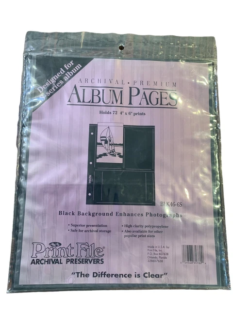Archival Album Pages BLK46-6S Print File Preservers 4"x6" Prints 3-Ring Binder