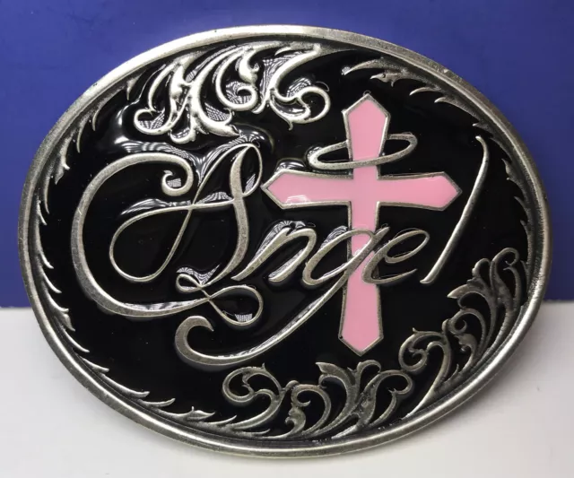 Montana Silversmiths Angel Cross Silver Black & Pink Enamel Womens Belt Buckle