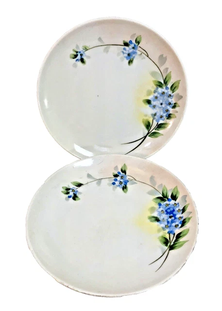 2 Antique Nippon Dessert Plate 6.5" Hand Painted Porcelain Blue Flower Gold Trim