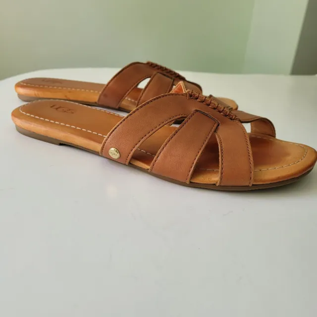 UGG Women's Teague Slide Sandal Size 8 Strappy Brown Leather Open Toe Flip Flop