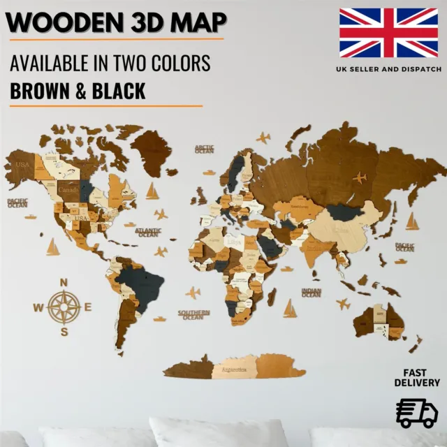 3D Wooden World Map Rustic Wall Art Home Decoration - Travel Gift Size M/L/XL