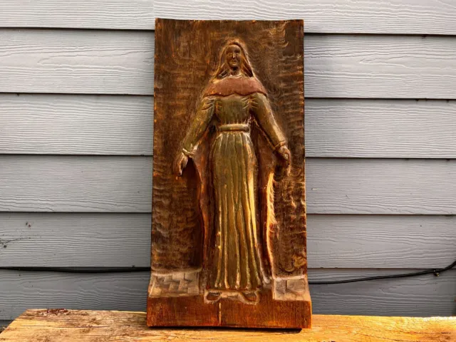 Antique Church Architectural Salvage Wood Panel Hand Carved Religious Figure