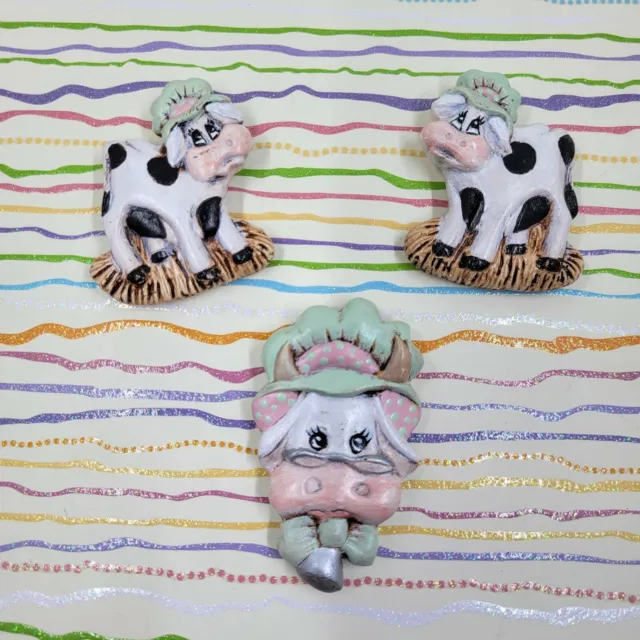 3 Handmade Ceramic Cow Magnets Vintage 1990s Dona's Mold D0092  Green and Pink