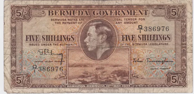 Kappyscoins W1192 1937 Ww2 Bermuda Five Shillings Bank Note Circ King George Vi