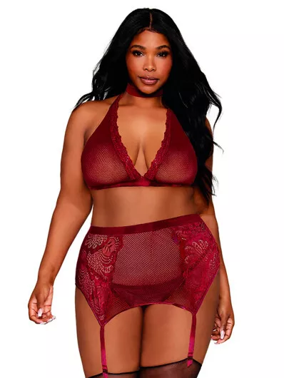 Ensemble 4 pièces grande taille soutien gorge, tour de cou, string et porte jarr