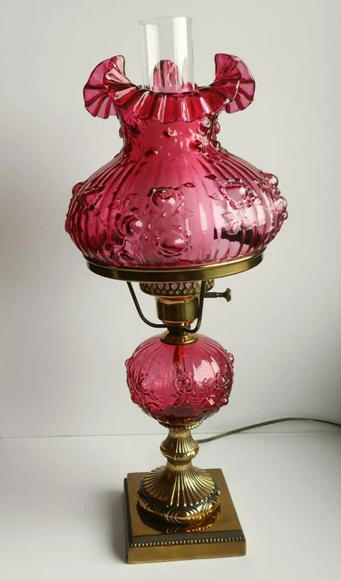 Vintage Fenton Art Glass Cranberry Cabbage Rose Student 21" Table Lamp