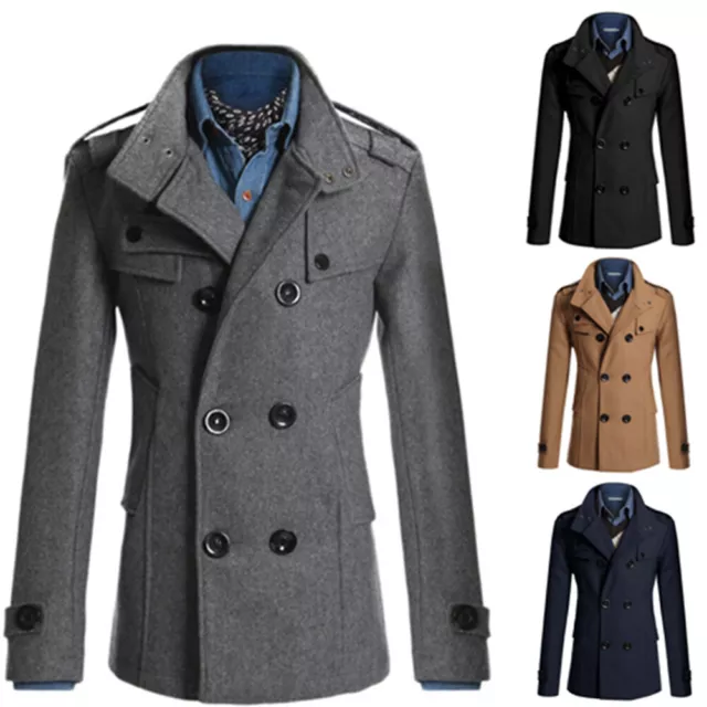 Men Gent Winter Formal Trench Coat Double Breasted Overcoat Long Jacket Outwear