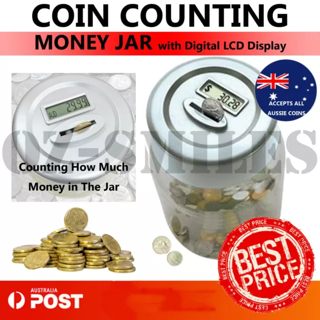 Aussie Coin Counting Money Jar Digital LCD Display OZ Coins Piggy Bank Box