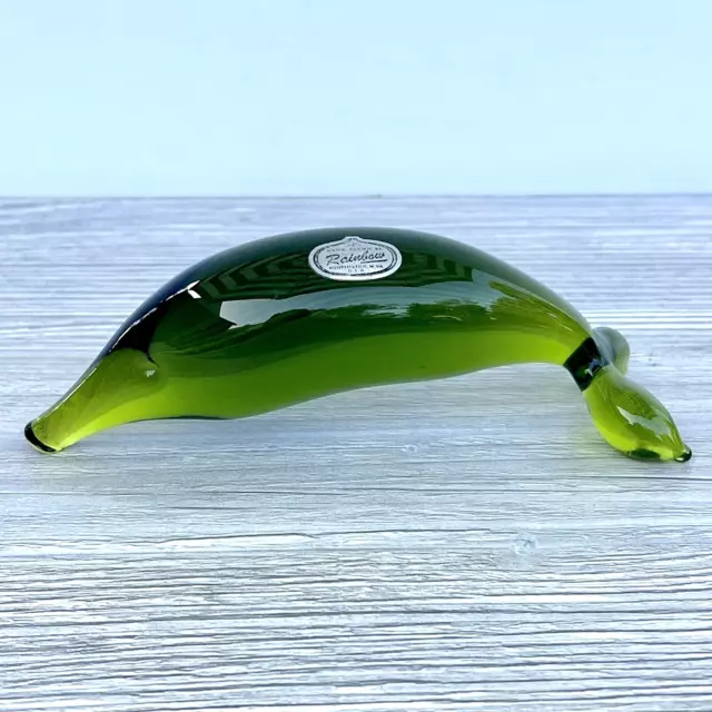 1972 Rainbow Glass Company Green Glass Dolphin Figurine w/Original Label