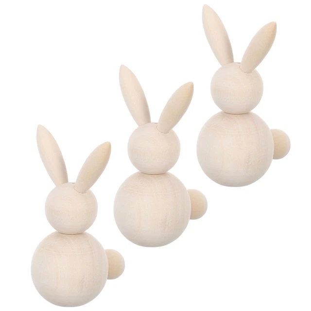 3 PCS WOODEN Rabbit Kit Easter Bunny Craft Peg Dolls Natural Figures ...