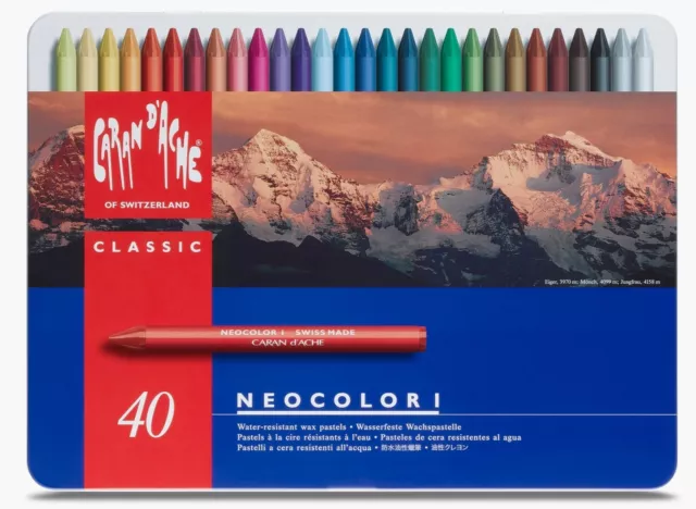 Caran Dache Neocolor I Wax Oil Crayon Pastels Water Resistant Metal Case 40 Set
