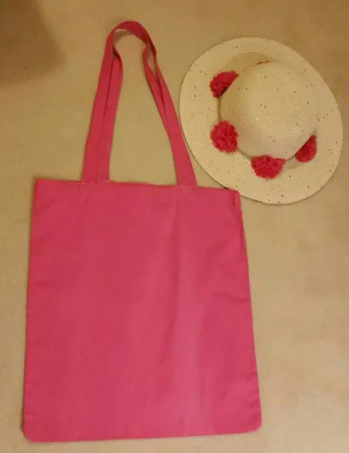 🌹🌞Girls Summer Hat With Pink Flower Detail Age 8-12 yrs & Pink Fabric Bag🌞🌹