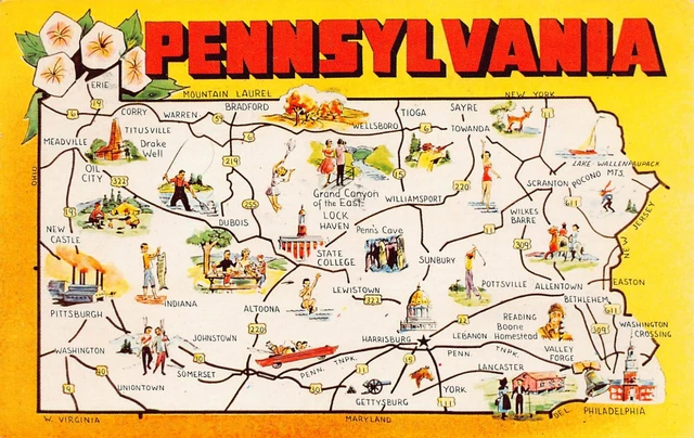Pennsylvania PA Map Dubois Somerset Meadville Corry Erie Easton Vtg Postcard T4