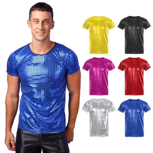 Herren Disco Shirt 70er Jahre Kurzarm Glitzer Top Disco Hip Hop Party Tee Shirts