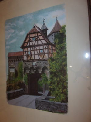 Acquarello raffigurante ingresso di castello firmato G Madonia cornice in legno 