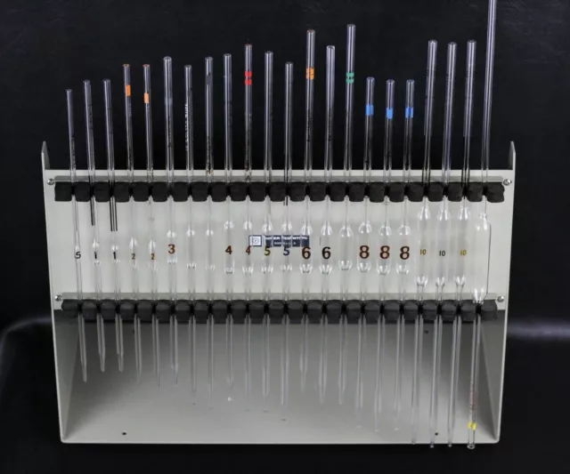 Lot of (22) Volumetric Bulb Type Pipet Pipettes 0.5ml to 20ml w/ 22 Place Rack