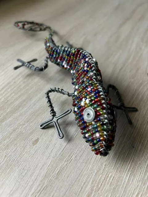 Beaded Metal Wire Gecko Lizard Chameleon Figurine Sculpture colorful Folk Art 