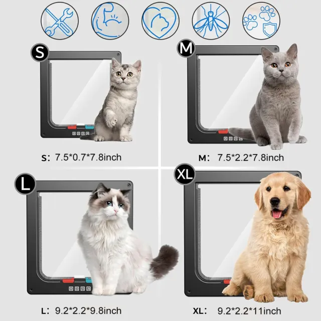 4 Way Pet Cat Puppy Dog Black Lockable Safe Flap Door Magnetic Lock Frame ABS