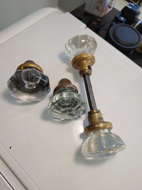 Vintage 12 Point Clear Glass Crystal  Door Knob Set With Brass Trim , Extra 2