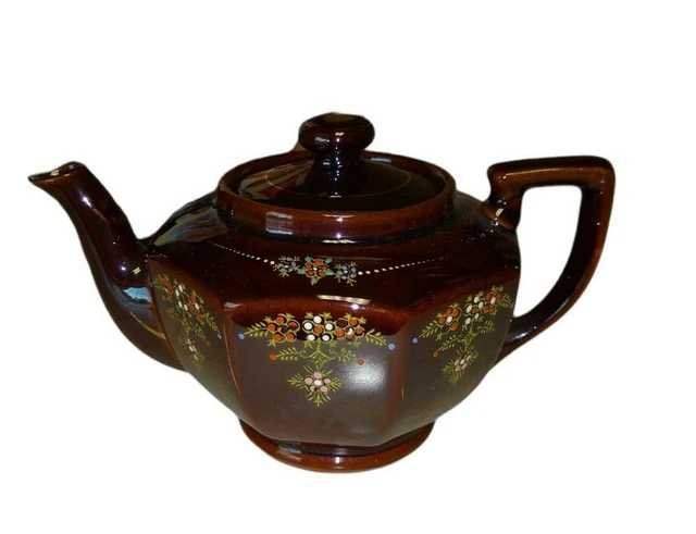 Occupied Japan Brown Teapot With Lid Floral Motif Vintage EUC