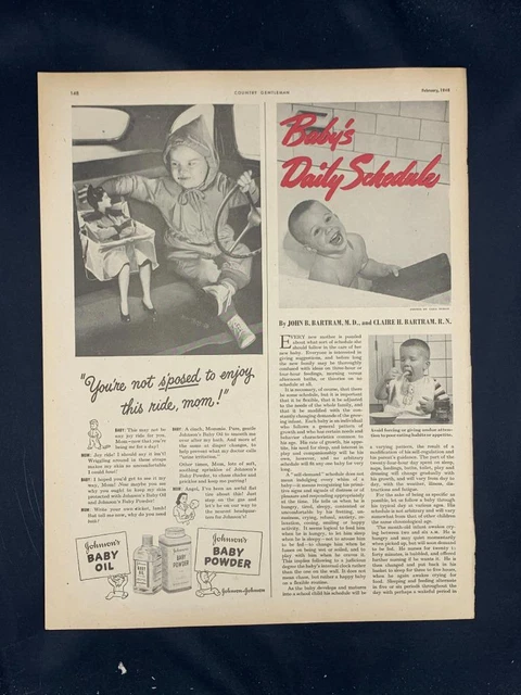 Magazine Ad* - 1948 - Johnson's Baby Powder - Mom in Baby Car Seat