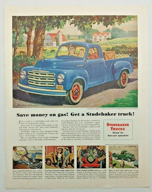 "Save money on gas! Get a Studebaker truck!" 1950s Farm Truck Magazine Print Ad