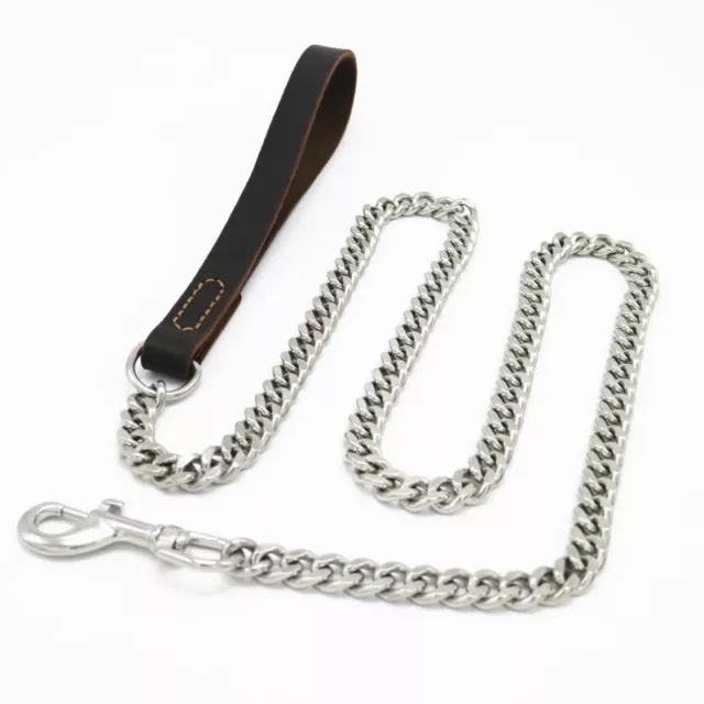 Stainless Steel Curb Chain Walk Training Pet Leather Handle Dog Leash Lead 2