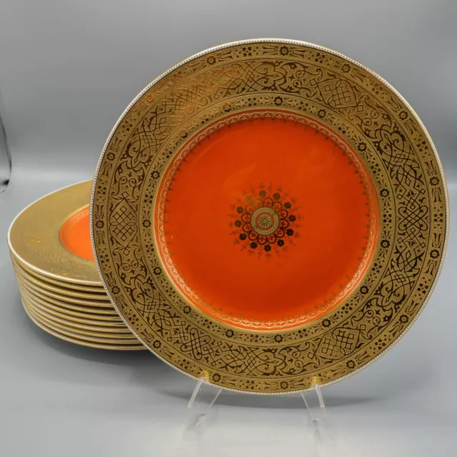 Minton G8860 Orange Thick Gold Encrusted Dinner Plates Set of 12 - 10 5/8"